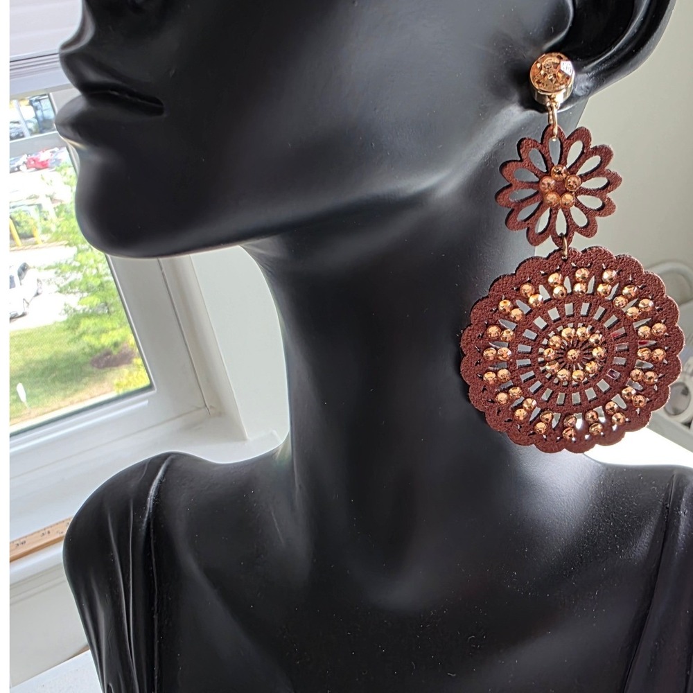 Terracotta Brown Laser Cut Floral Mandala Drop Earrings with Amber Crystals Boho